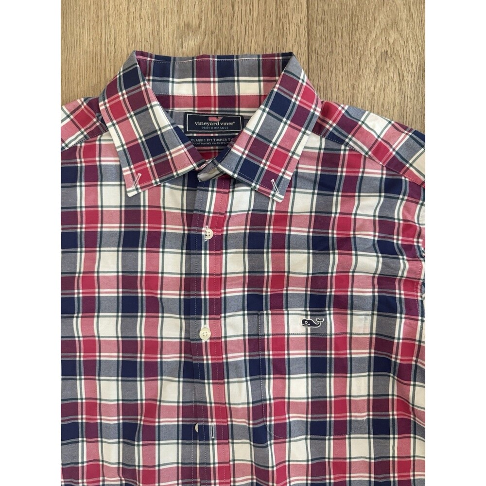 Vineyard Vines Cotton Blend Classic Fit Tucker Mens Shirt Red White Blue Plaid L